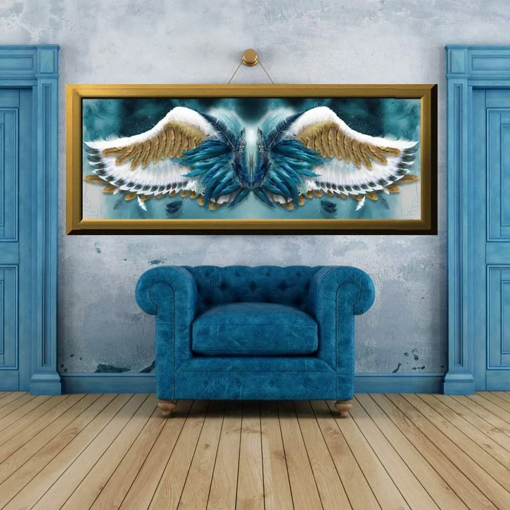 Blue & Gold Angel Feather Wings X-Long Crepe Scarf Wrap - Picture 7 of 13